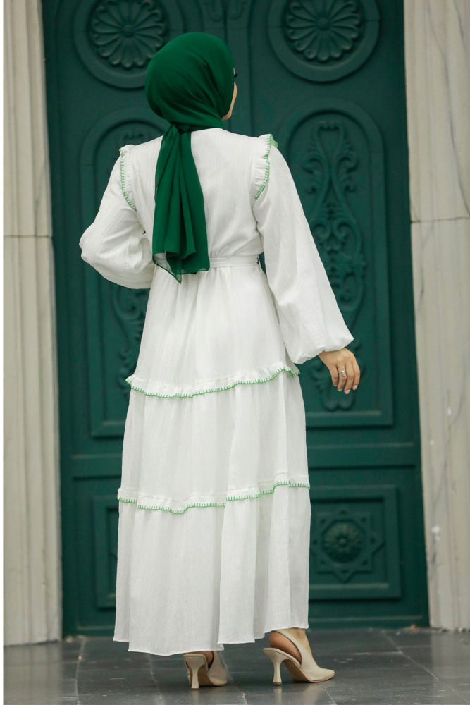 Neva Style - Kat Piliseli Yeşil Tesettür Elbise 13471Y - 4