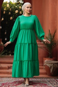 Neva Style - Kat Piliseli Yeşil Tesettür Elbise 3033Y - Thumbnail