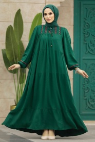 Neva Style - Kat Piliseli Zümrüt Yeşili Tesettür Elbise 8966ZY - Thumbnail
