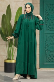 Neva Style - Kat Piliseli Zümrüt Yeşili Tesettür Elbise 8966ZY - Thumbnail