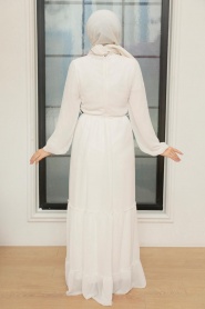 Neva Style - Kat Pliseli Beyaz Tesettür Elbise 5726B - Thumbnail