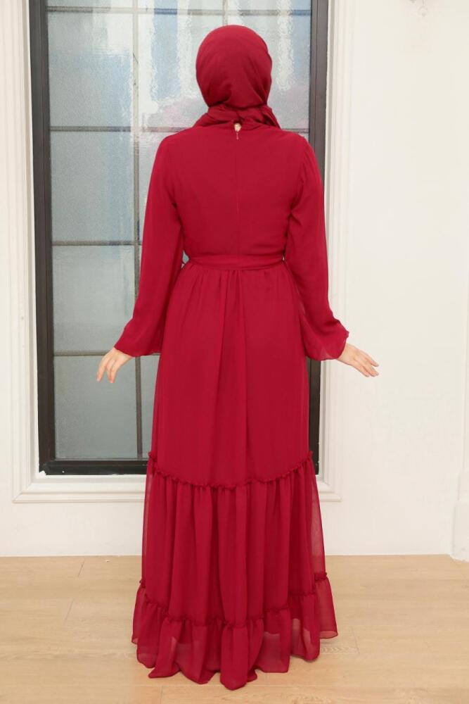 Neva Style - Kat Pliseli Bordo Tesettür Elbise 5726BR - 3
