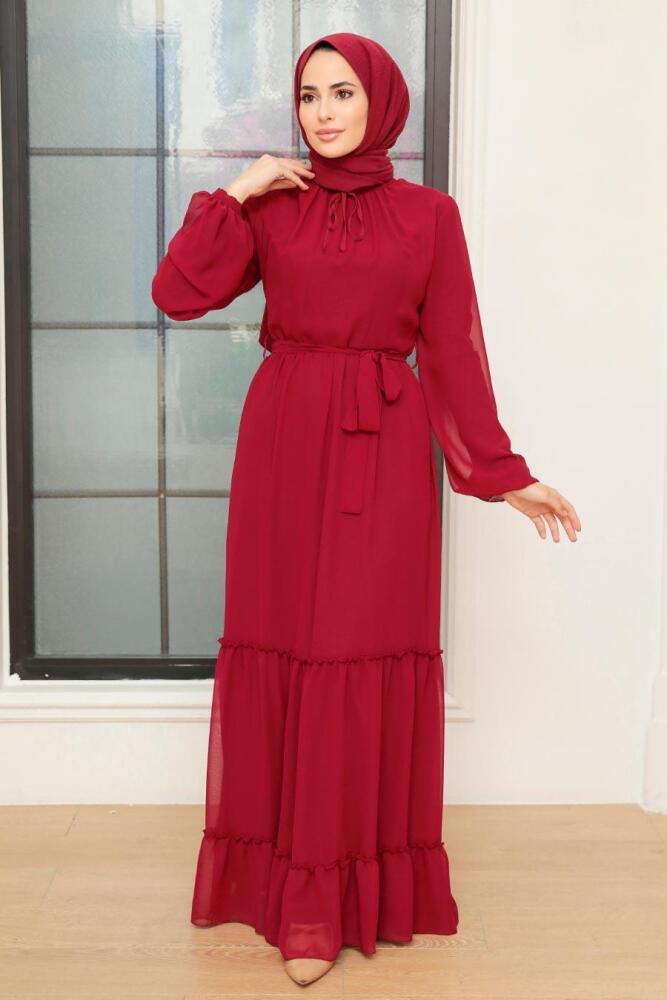 Neva Style - Kat Pliseli Bordo Tesettür Elbise 5726BR - 1