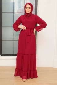 Neva Style - Kat Pliseli Bordo Tesettür Elbise 5726BR - Thumbnail