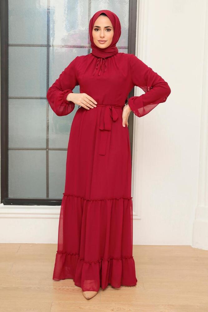 Neva Style - Kat Pliseli Bordo Tesettür Elbise 5726BR - 2