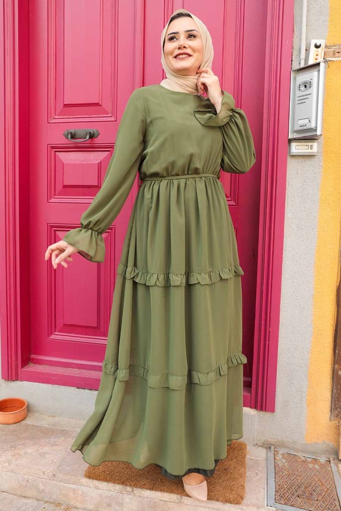 Neva Style - Kat Pliseli Haki Tesettür Elbise 5523HK - 1