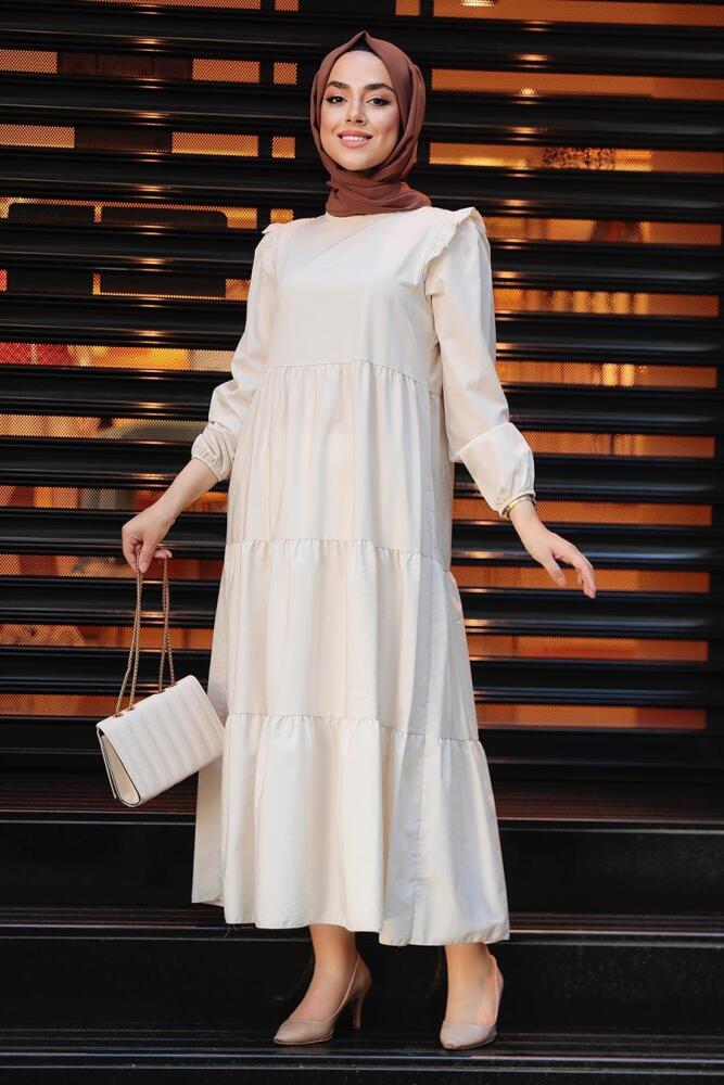 Neva Style - Kat Pliseli Krem Tesettür Elbise 7688KR - NEVA STYLE