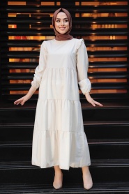 Neva Style - Kat Pliseli Krem Tesettür Elbise 7688KR - Thumbnail