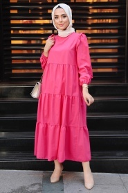 Neva Style - Kat Pliseli Pembe Tesettür Elbise 7688P - Thumbnail