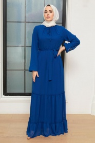 Neva Style - Kat Pliseli Sax Mavisi Tesettür Elbise 5726SX - Thumbnail