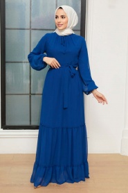 Neva Style - Kat Pliseli Sax Mavisi Tesettür Elbise 5726SX - Thumbnail