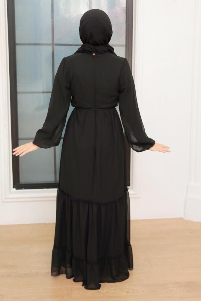 Neva Style - Kat Pliseli Siyah Tesettür Elbise 5726S - 2