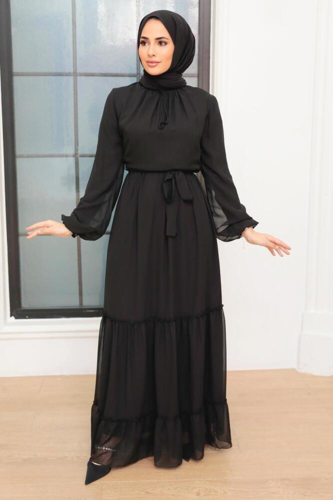 Neva Style - Kat Pliseli Siyah Tesettür Elbise 5726S - 1