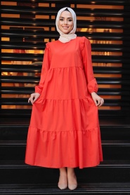 Neva Style - Kat Pliseli Turuncu Tesettür Elbise 7688T - Thumbnail