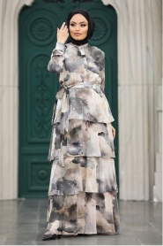 Neva Style - Kat Volanlı Gri Tesettür Elbise 33079GR - Thumbnail