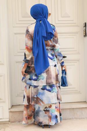  Kat Volanlı Sax Mavisi Tesettür Elbise 33079SX - 3