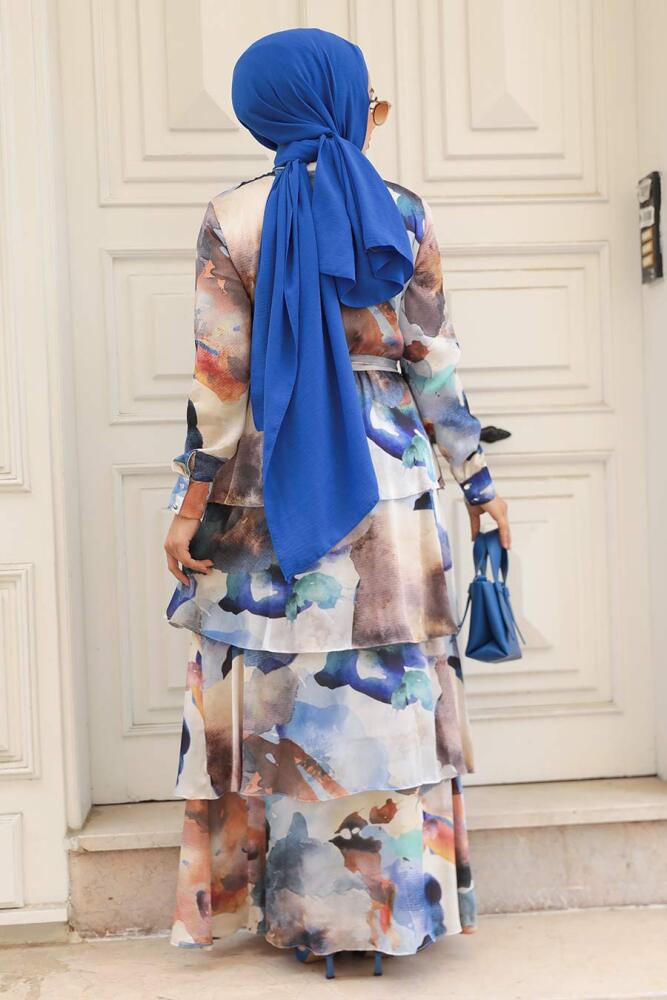  Kat Volanlı Sax Mavisi Tesettür Elbise 33079SX - 3