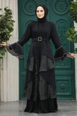  Kat Volanlı Siyah Tesettür Abaya 602000S - 2
