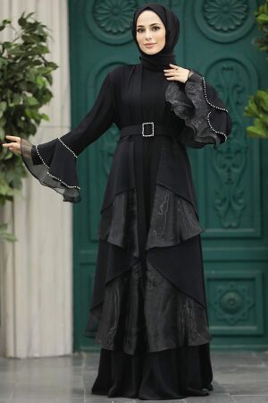  Kat Volanlı Siyah Tesettür Abaya 602000S - 3