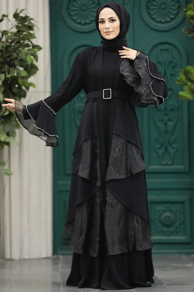 Kat Volanlı Siyah Tesettür Abaya 602000S - 3