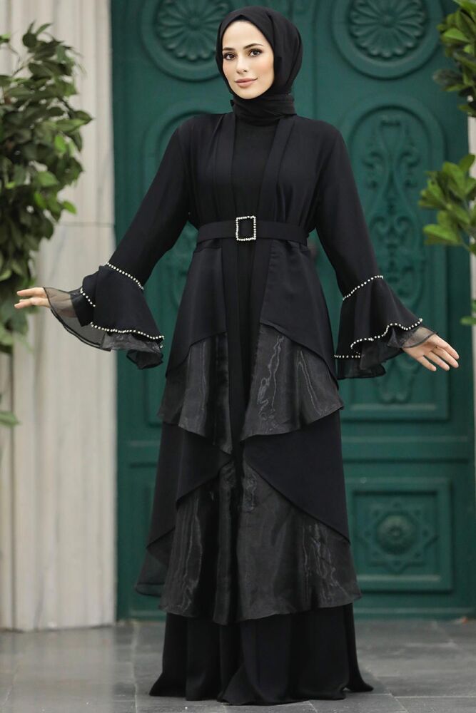  Kat Volanlı Siyah Tesettür Abaya 602000S - 4