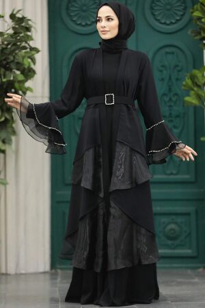  Kat Volanlı Siyah Tesettür Abaya 602000S - 1