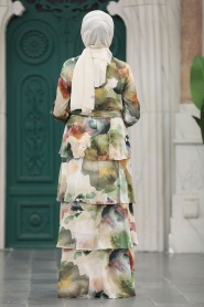 Neva Style - Kat Volanlı Yeşil Tesettür Elbise 33079Y - Thumbnail