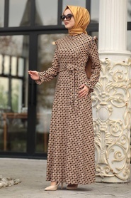 Neva Style - Kazayağı Desenli Hardal Tesettür Elbise 15401HR - Thumbnail