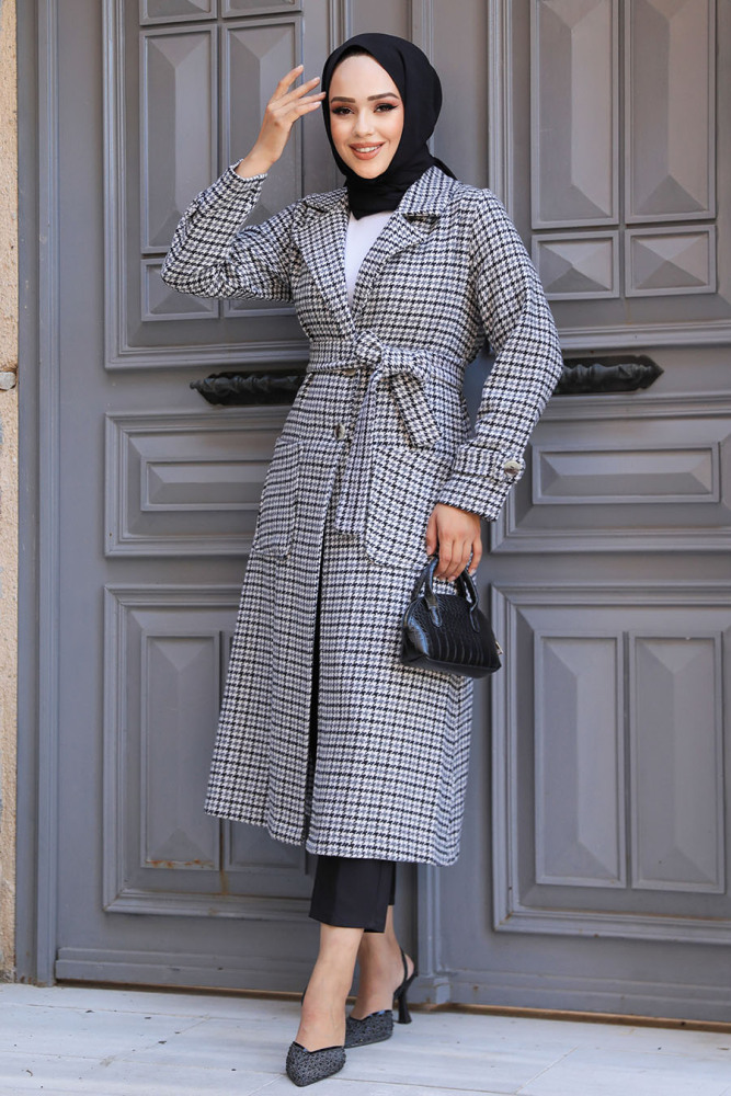 Neva Style - Kazayağı Desenli Siyah Kaşe Tesettür Kap 5956S - 2