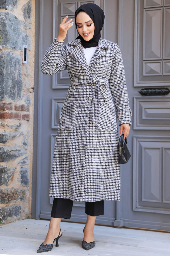 Neva Style - Kazayağı Desenli Siyah Kaşe Tesettür Kap 5956S - 5
