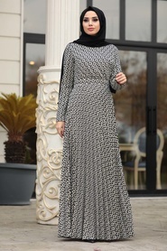 Neva Style - Kazayağı Desenli Siyah Tesettür Elbise 14512S - Thumbnail