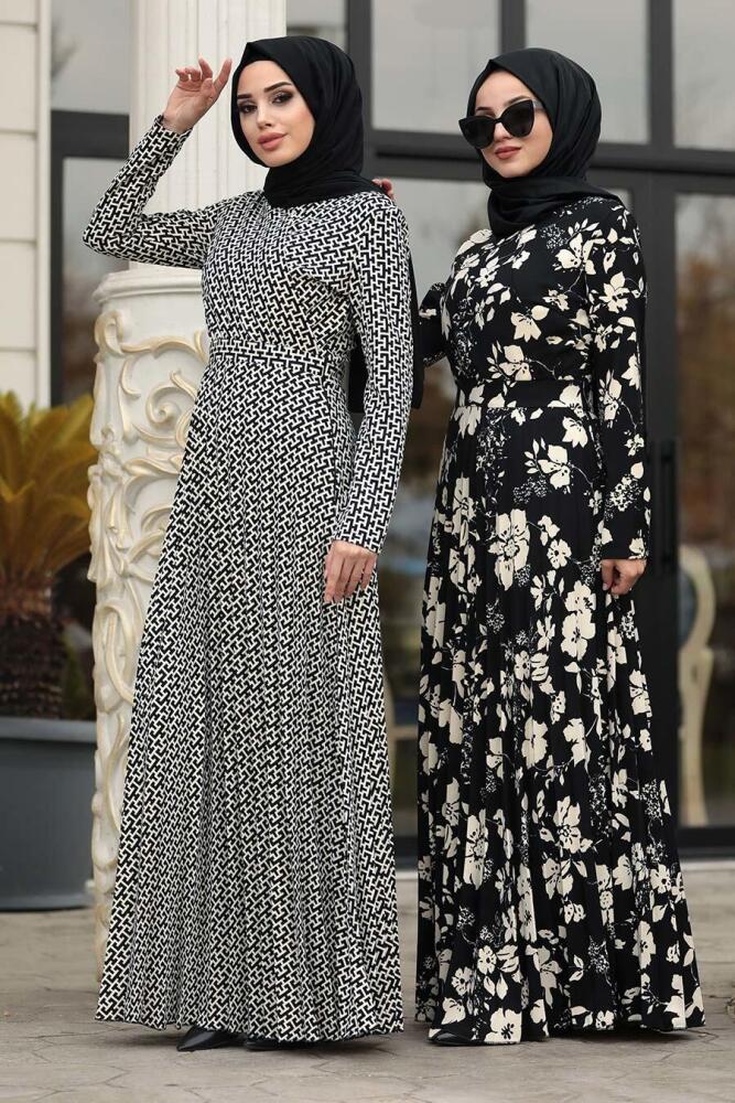 Neva Style - Kazayağı Desenli Siyah Tesettür Elbise 14512S - 2