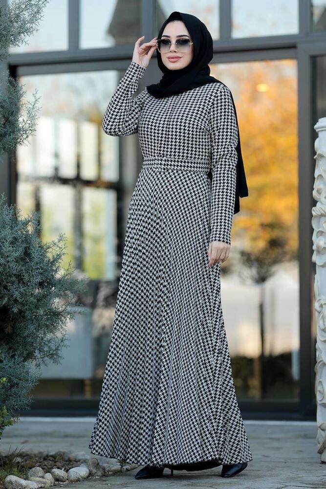Neva Style - Kazayağı Desenli Siyah Tesettür Elbise 14535S - 1