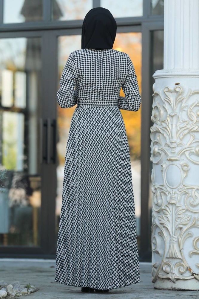 Neva Style - Kazayağı Desenli Siyah Tesettür Elbise 14535S - 2