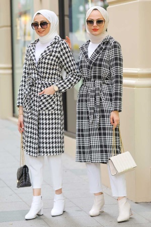 Neva Style - Kazayağı Desenli Siyah Tesettür Kaşe Kap 80450S - 4