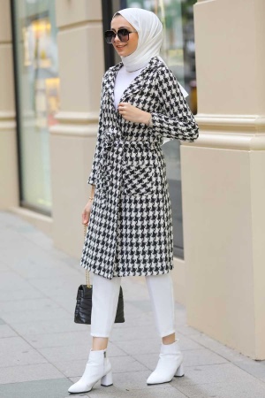 Neva Style - Kazayağı Desenli Siyah Tesettür Kaşe Kap 80450S - 1