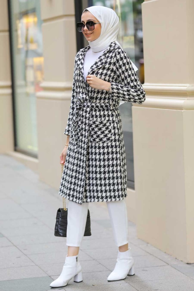 Neva Style - Kazayağı Desenli Siyah Tesettür Kaşe Kap 80450S - 1