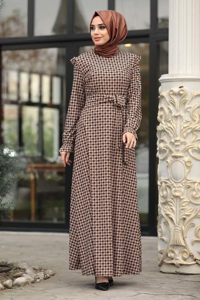 Neva Style - Kazayağı Desenli Taba Tesettür Elbise 15401TB - 1