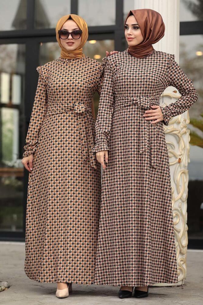 Neva Style - Kazayağı Desenli Taba Tesettür Elbise 15401TB - 2