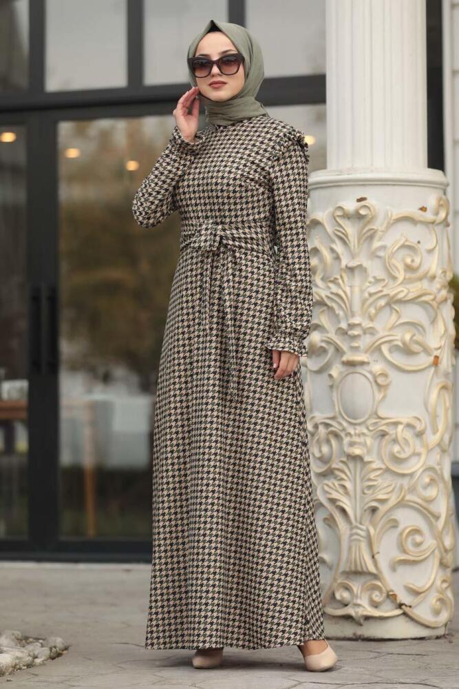 Neva Style - Kazayağı Desenli Yeşil Tesettür Elbise 15401Y - 1