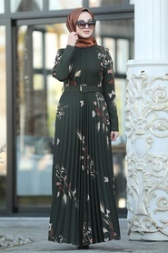 Neva Style - Kelebek Desenli Haki Tesettür Elbise 14534HK - Thumbnail