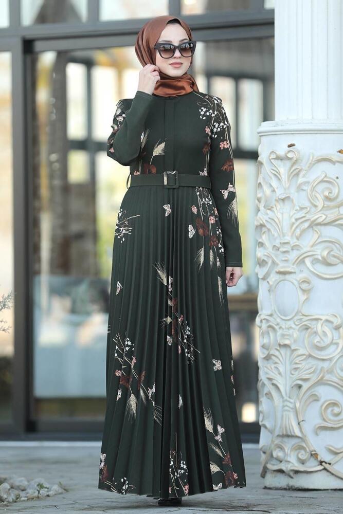 Neva Style - Kelebek Desenli Haki Tesettür Elbise 14534HK - 1