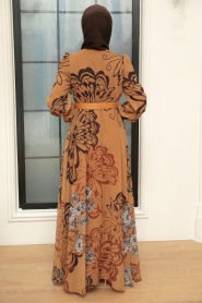 Neva Style - Kelebek Desenli Hardal Tesettür Elbise 3463HR - Thumbnail
