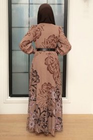 Neva Style - Kelebek Desenli Koyu Vizon Tesettür Elbise 3463KV - Thumbnail