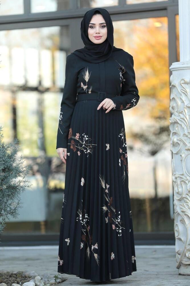Neva Style - Kelebek Desenli Siyah Tesettür Elbise 14534S - 1