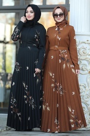 Neva Style - Kelebek Desenli Siyah Tesettür Elbise 14534S - Thumbnail