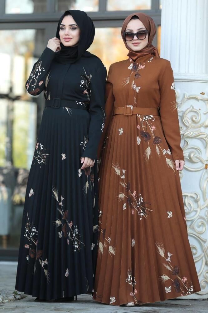 Neva Style - Kelebek Desenli Siyah Tesettür Elbise 14534S - 2
