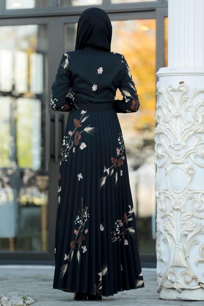 Neva Style - Kelebek Desenli Siyah Tesettür Elbise 14534S - 3