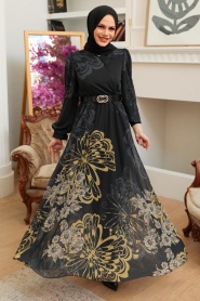 Neva Style - Kelebek Desenli Siyah Tesettür Elbise 3463S - Thumbnail