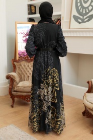 Neva Style - Kelebek Desenli Siyah Tesettür Elbise 3463S - Thumbnail